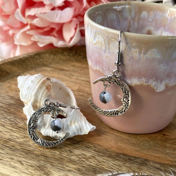 Boucles d’oreilles Lune ou Lune Chat, Howlite