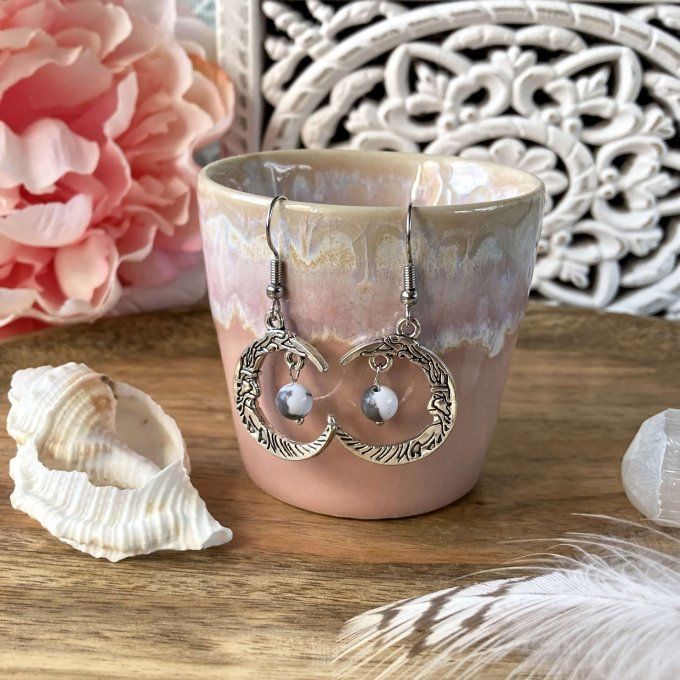Boucles d’oreilles Lune ou Lune Chat, Howlite