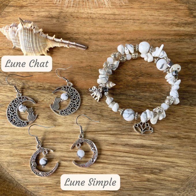 Bracelet Jonc en Howlite, perles, coquillages, breloques lotus & éléphant