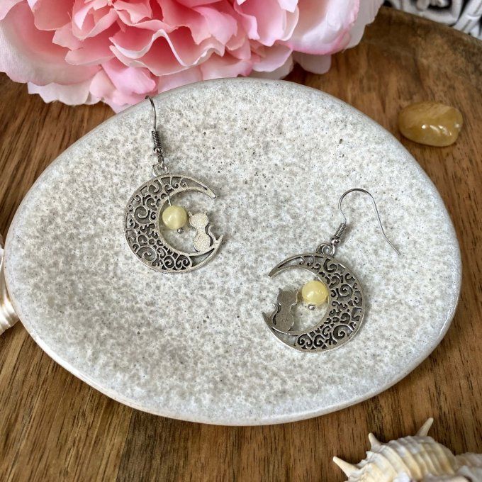 Boucles d’oreilles Lune ou Lune Chat, Jade Jaune
