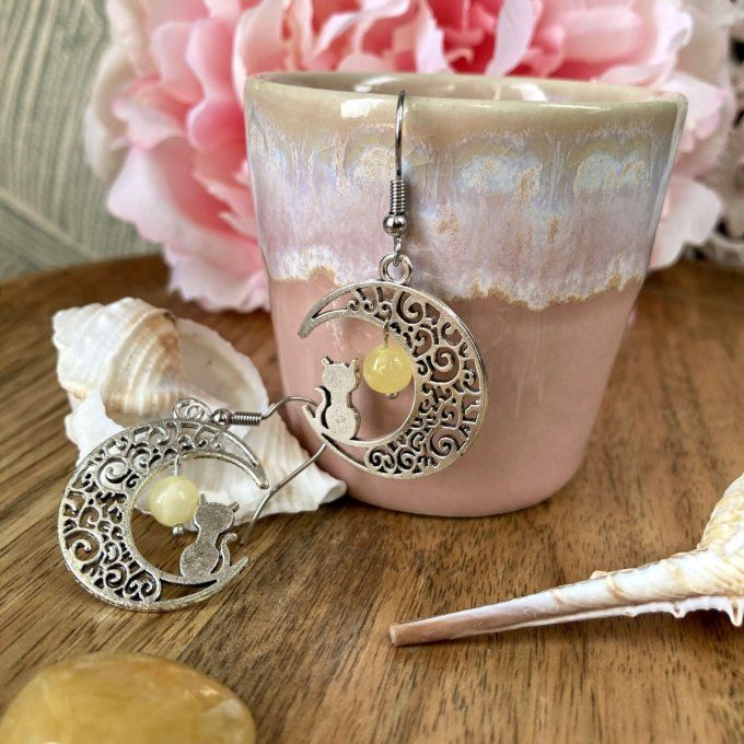 Boucles d’oreilles Lune ou Lune Chat, Jade Jaune