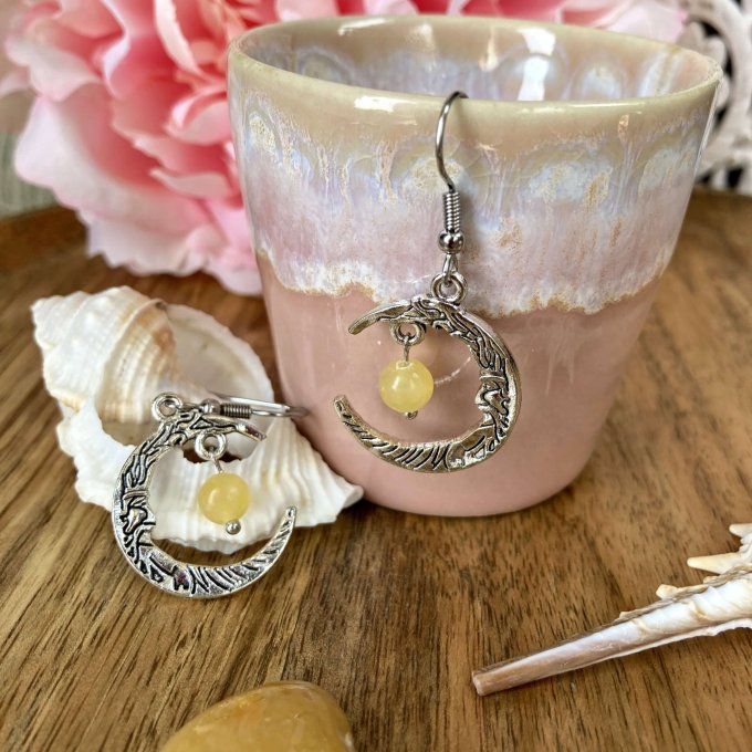 Boucles d’oreilles Lune ou Lune Chat, Jade Jaune