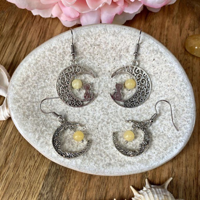 Boucles d’oreilles Lune ou Lune Chat, Jade Jaune