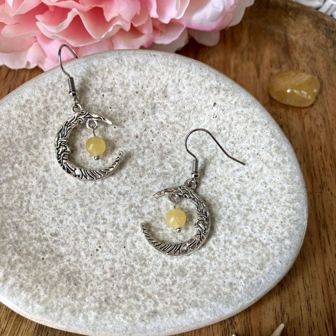 Boucles d’oreilles Lune ou Lune Chat, Jade Jaune