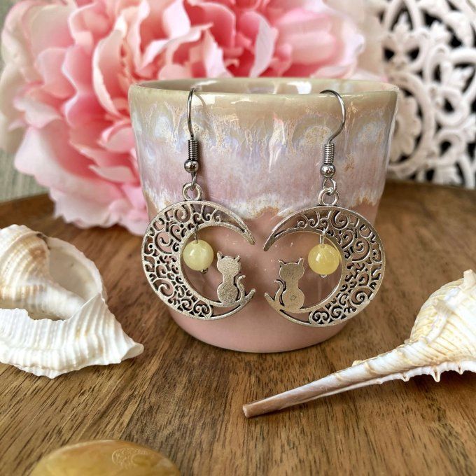 Boucles d’oreilles Lune ou Lune Chat, Jade Jaune