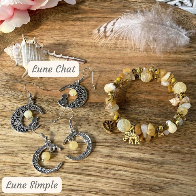 Bracelet Jonc en Aventurine Jaune, perles, coquillages, breloques lotus & éléphant