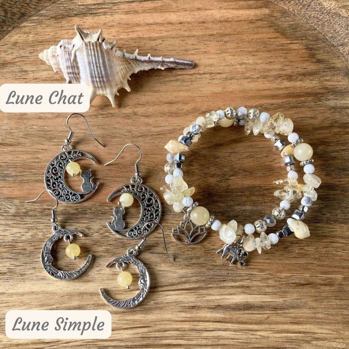 Bracelet Jonc en Citrine, perles, coquillages, breloques lotus & éléphant