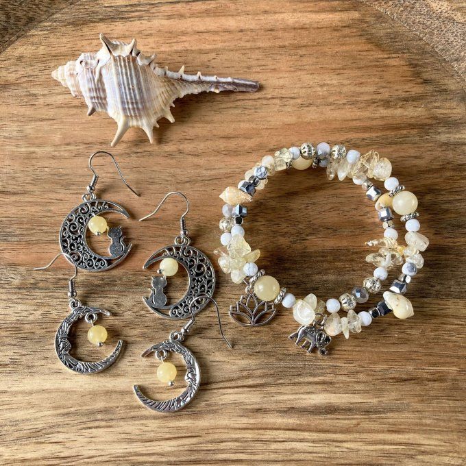 Boucles d’oreilles Lune ou Lune Chat, Jade Jaune