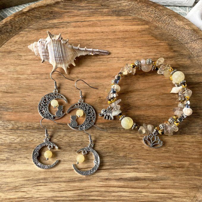 Boucles d’oreilles Lune ou Lune Chat, Jade Jaune