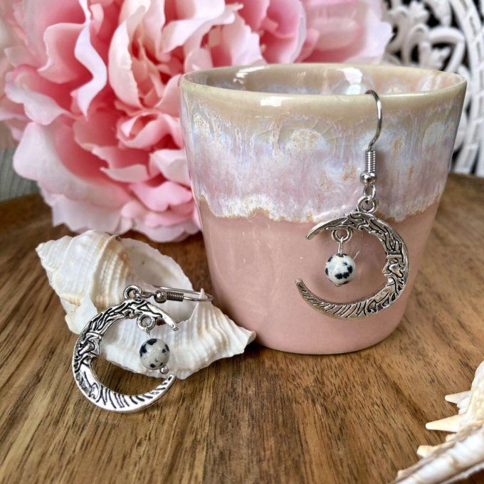 Boucles d’oreilles Lune ou Lune Chat, Jaspe Dalmatien