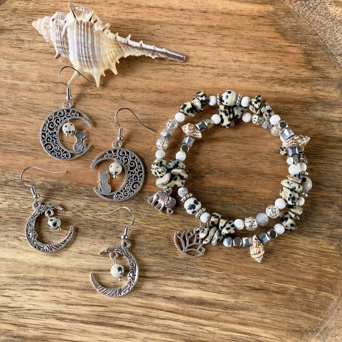 Boucles d’oreilles Lune ou Lune Chat, Jaspe Dalmatien