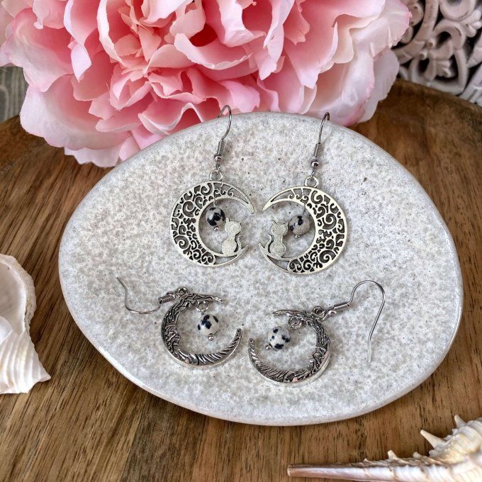 Boucles d’oreilles Lune ou Lune Chat, Jaspe Dalmatien