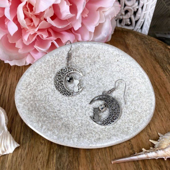 Boucles d’oreilles Lune ou Lune Chat, Jaspe Dalmatien