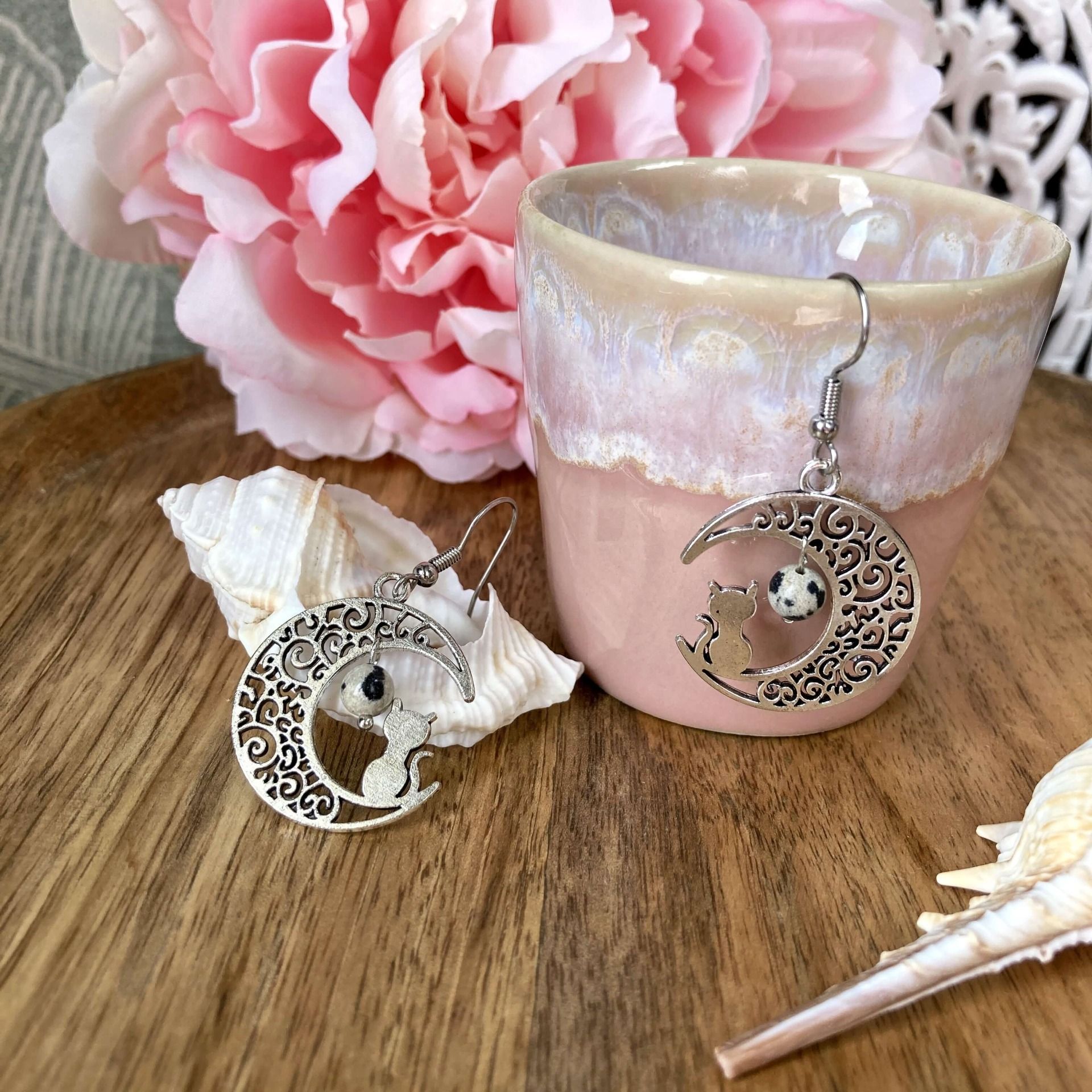 Boucles d’oreilles Lune ou Lune Chat, Jaspe Dalmatien