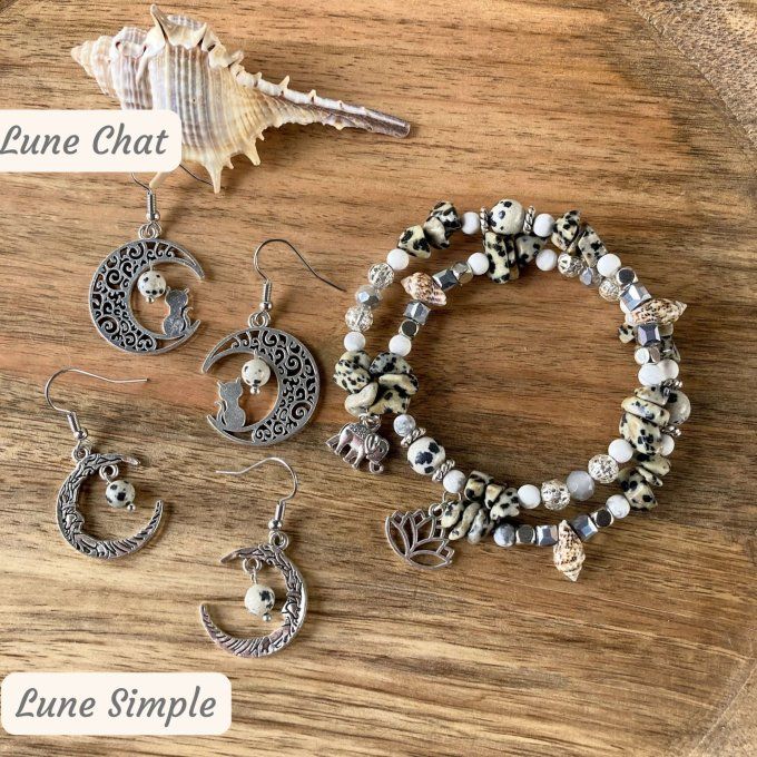 Bracelet Jonc en Jaspe Paysage ou Dalmatien, perles, coquillages, breloques lotus & éléphant
