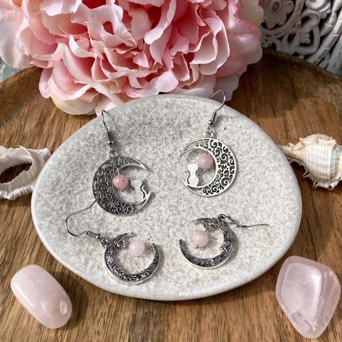 Boucles d’oreilles Lune ou Lune Chat, Jaspe Fleur de Cerisier