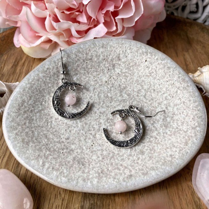 Boucles d’oreilles Lune ou Lune Chat, Jaspe Fleur de Cerisier