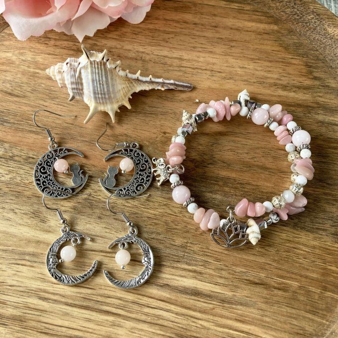 Boucles d’oreilles Lune ou Lune Chat, Jaspe Fleur de Cerisier