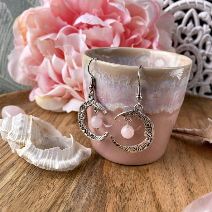 Boucles d’oreilles Lune ou Lune Chat, Jaspe Fleur de Cerisier