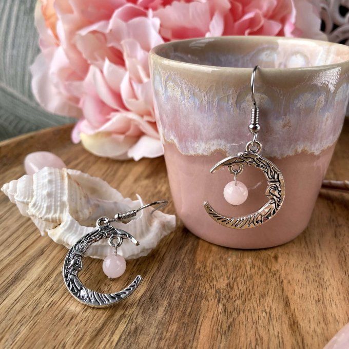 Boucles d’oreilles Lune ou Lune Chat, Jaspe Fleur de Cerisier