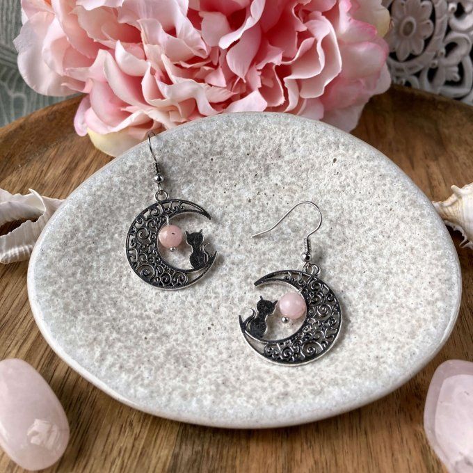 Boucles d’oreilles Lune ou Lune Chat, Jaspe Fleur de Cerisier