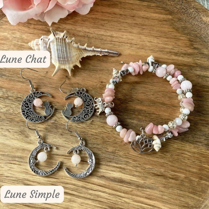 Bracelet Jonc en Opale Rose, perles, coquillages, breloques lotus & éléphant