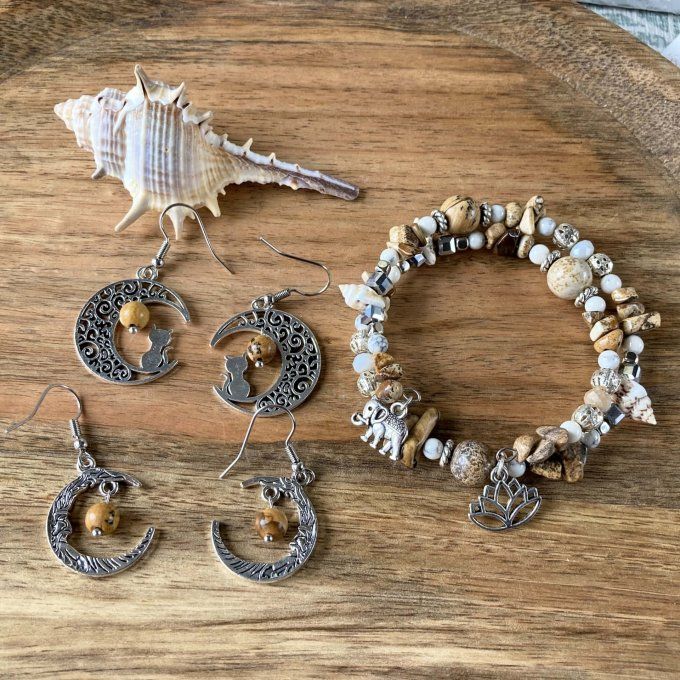 Boucles d’oreilles Lune ou Lune Chat, Jaspe Paysage