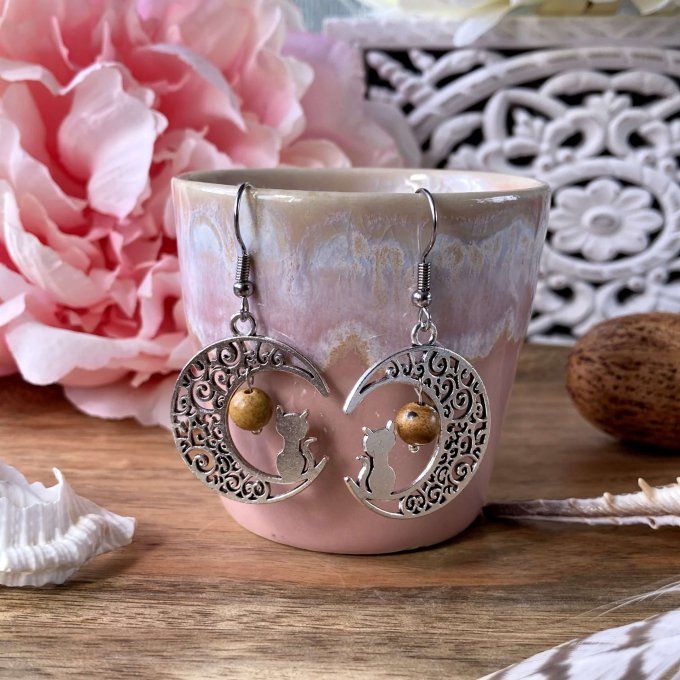 Boucles d’oreilles Lune ou Lune Chat, Jaspe Paysage
