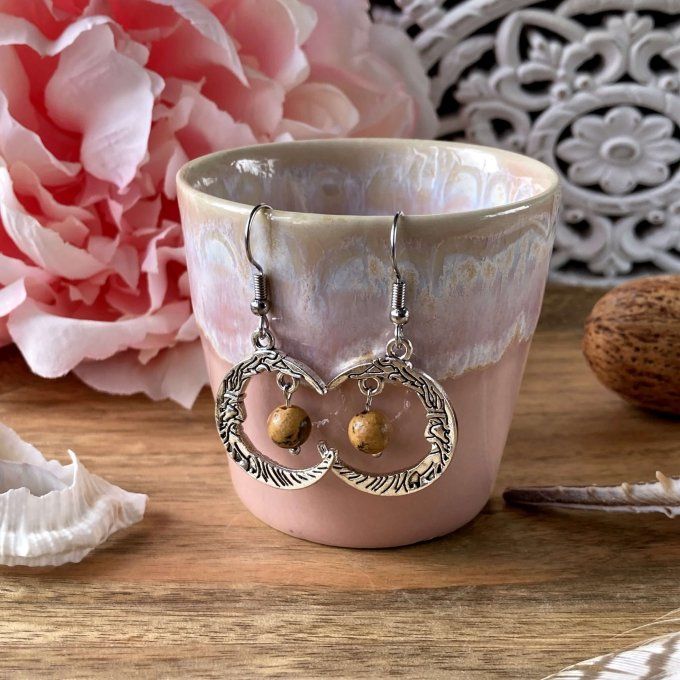 Boucles d’oreilles Lune ou Lune Chat, Jaspe Paysage