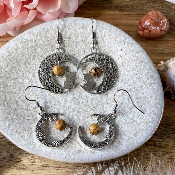 Boucles d’oreilles Lune ou Lune Chat, Jaspe Paysage
