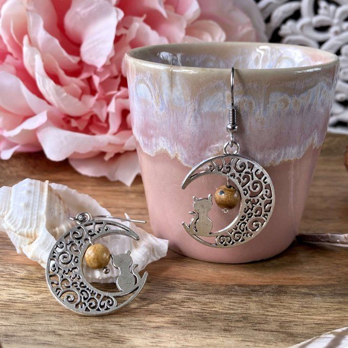 Boucles d’oreilles Lune ou Lune Chat, Jaspe Paysage