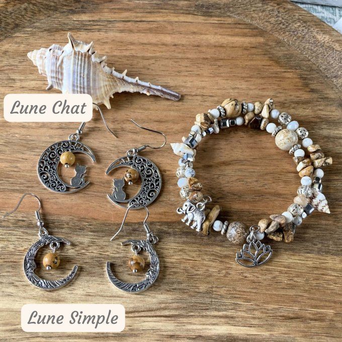 Bracelet Jonc en Jaspe Paysage ou Dalmatien, perles, coquillages, breloques lotus & éléphant