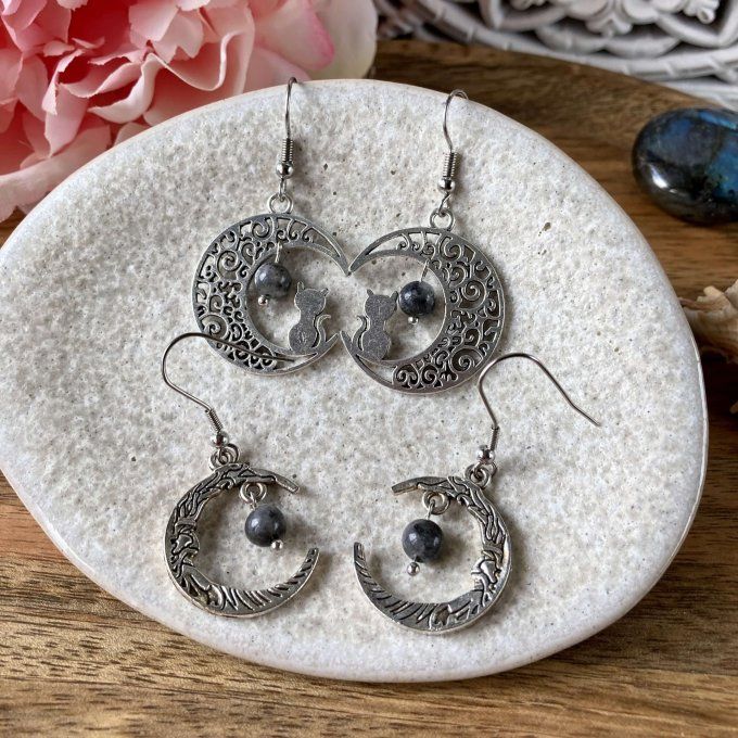 Boucles d’oreilles Lune ou Lune Chat, Labradorite