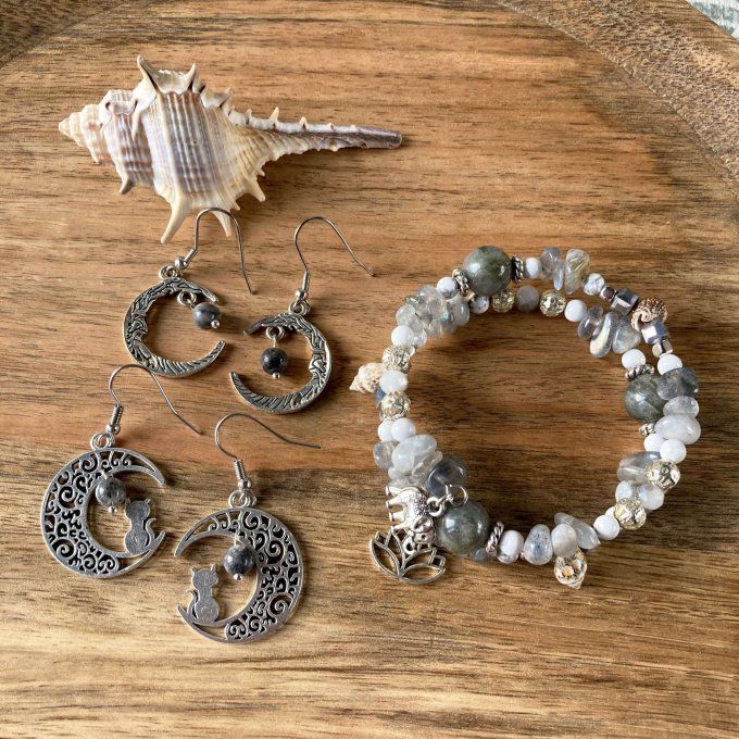 Boucles d’oreilles Lune ou Lune Chat, Labradorite