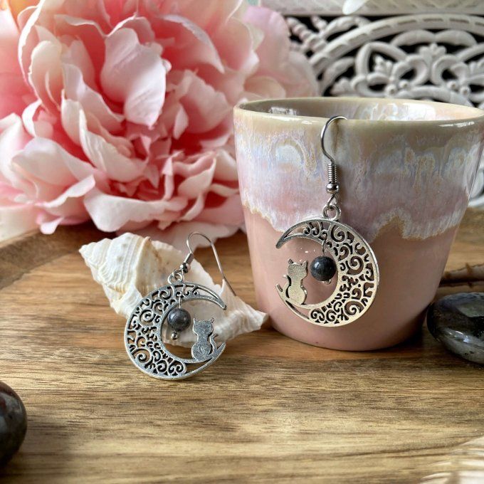 Boucles d’oreilles Lune ou Lune Chat, Labradorite
