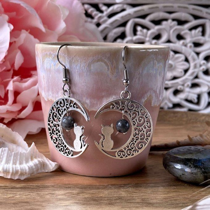 Boucles d’oreilles Lune ou Lune Chat, Labradorite