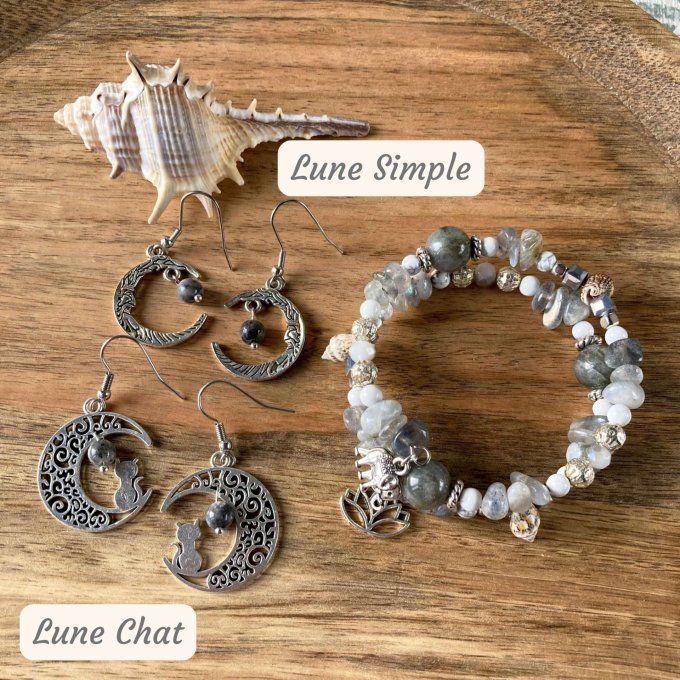 Bracelet Jonc en Labradorite, perles, coquillages, breloques lotus & éléphant 