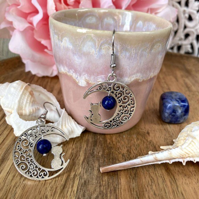 Boucles d’oreilles Lune ou Lune Chat, Lapis Lazuli