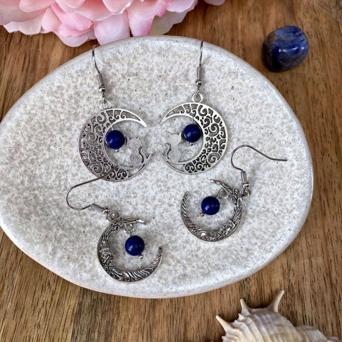 Boucles d’oreilles Lune ou Lune Chat, Lapis Lazuli
