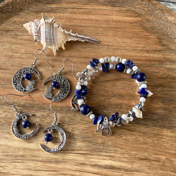 Boucles d’oreilles Lune ou Lune Chat, Lapis Lazuli