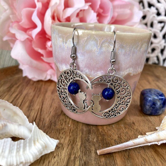 Boucles d’oreilles Lune ou Lune Chat, Lapis Lazuli