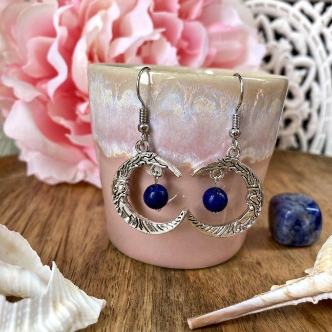 Boucles d’oreilles Lune ou Lune Chat, Lapis Lazuli