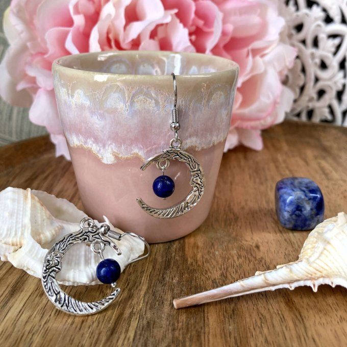 Boucles d’oreilles Lune ou Lune Chat, Lapis Lazuli