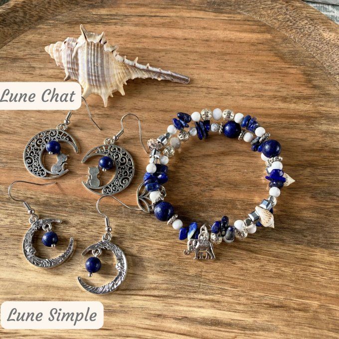 Bracelet Jonc en Lapis Lazuli, perles, coquillages, breloques lotus & éléphant