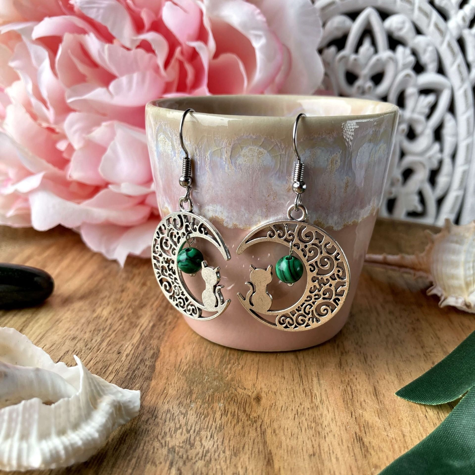 Boucles d’oreilles Lune ou Lune Chat, Malachite