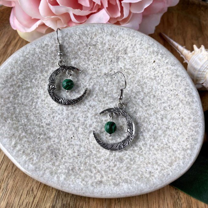 Boucles d’oreilles Lune ou Lune Chat, Malachite