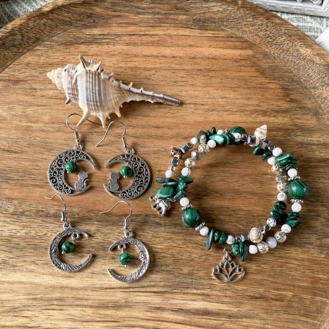 Boucles d’oreilles Lune ou Lune Chat, Malachite