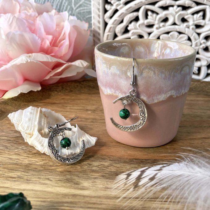 Boucles d’oreilles Lune ou Lune Chat, Malachite