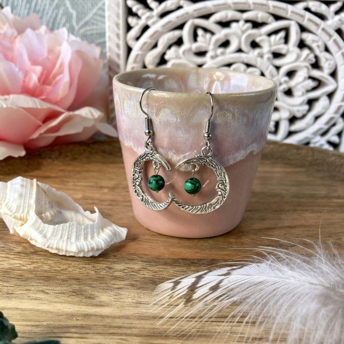 Boucles d’oreilles Lune ou Lune Chat, Malachite