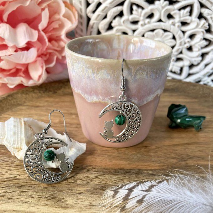 Boucles d’oreilles Lune ou Lune Chat, Malachite